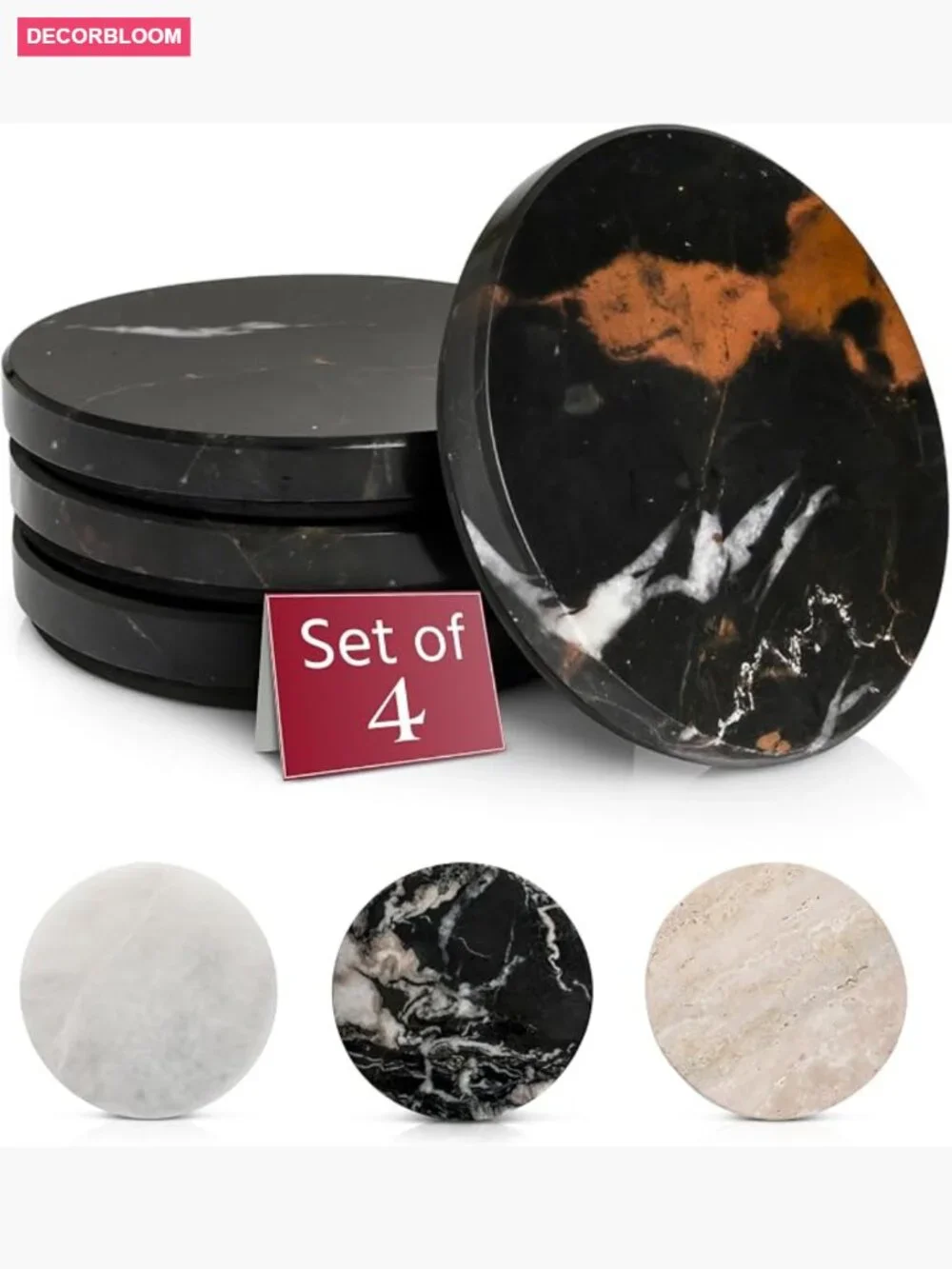 Set of 4 Natural Stone Coasters - Marble Drink Coasters for Kitchen Counter,